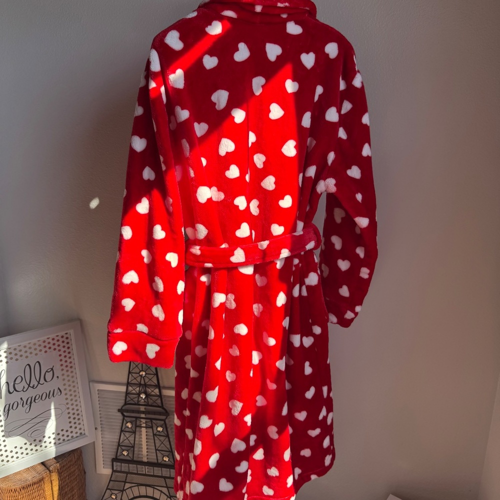 Kate Spade Fleece Heart Robe Red Long Sleeve Belted Bathrobe Sz XS - Picture 5 of 8